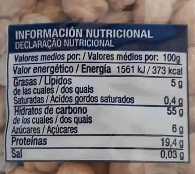 Garbanzos nutrition facts table
