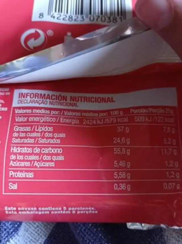 Barrita nutrition facts table