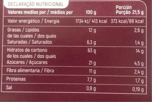 Barritas de cereales nutrition facts table