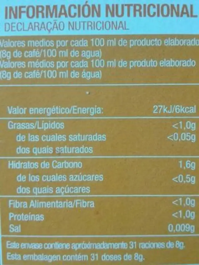 Café Natural Descafeinado nutrition facts table