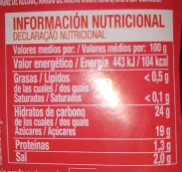 Ketchup nutrition facts table
