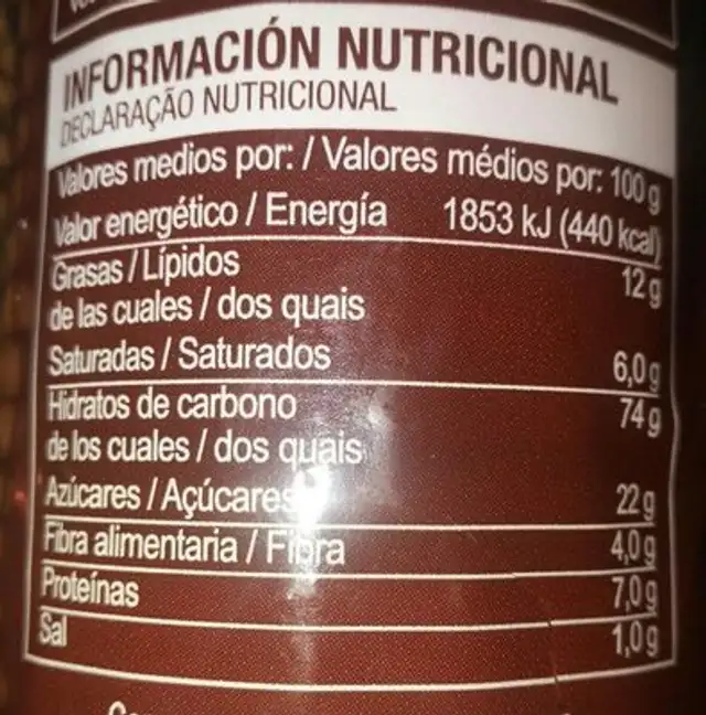 María integrales nutrition facts table