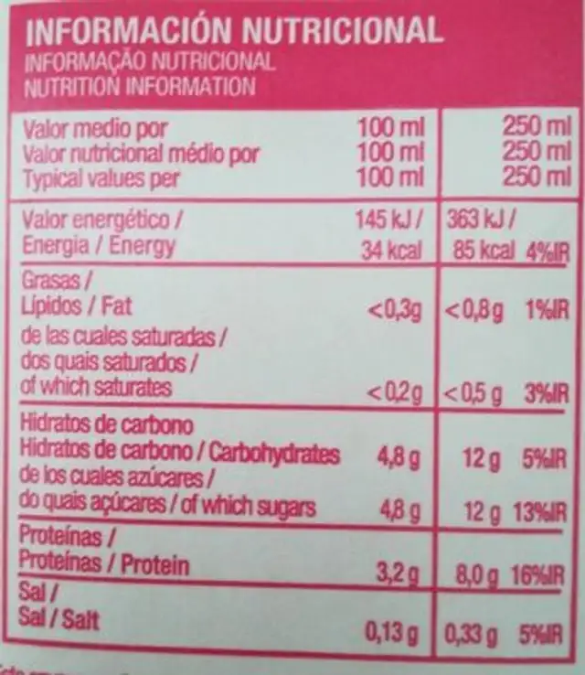 Leche desnatada UHT nutrition facts table