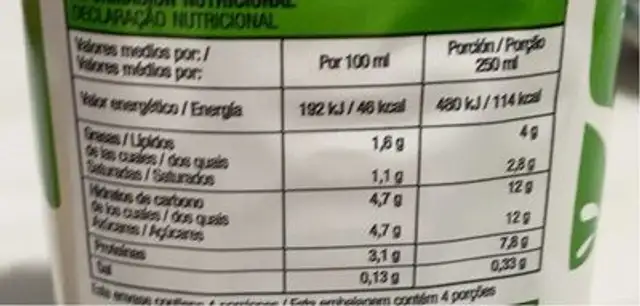 Leche semidesnatada nutrition facts table