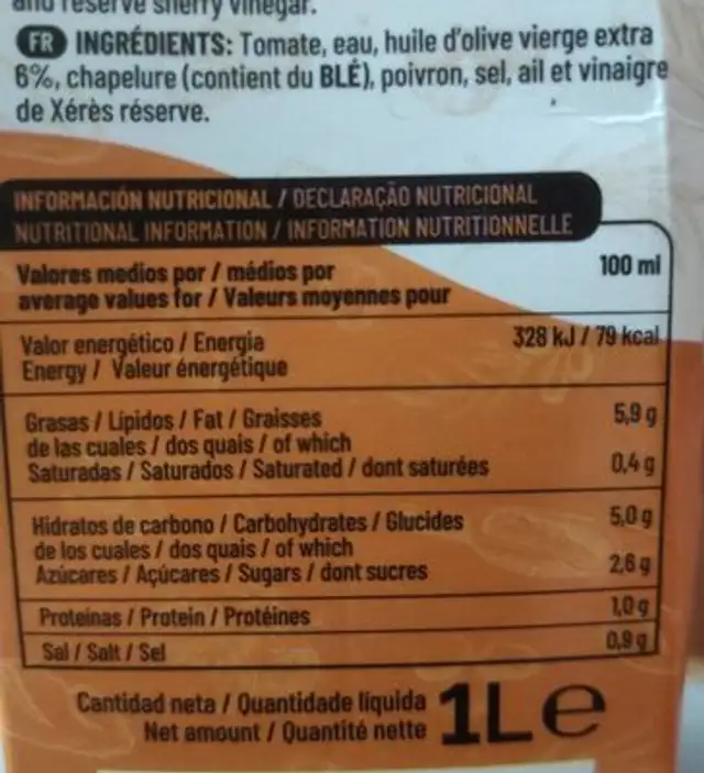 Salmorejo nutrition facts table
