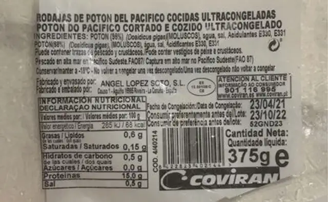 Rodajas de poton del pacifico cocidas ultracongeladas
