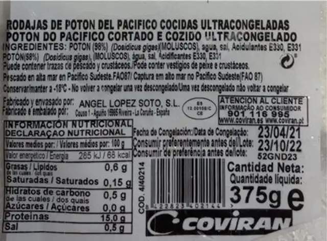 Rodajas de poton del pacifico cocidas ultracongeladas nutrition facts table