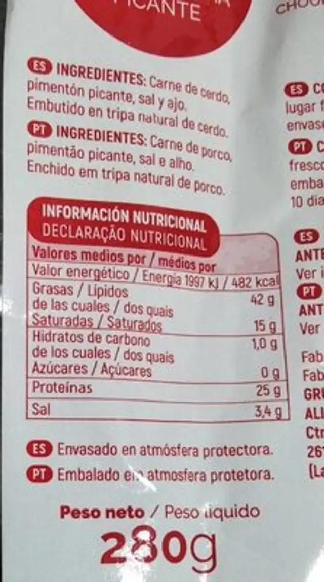 chorizo picante coviran nutrition facts table