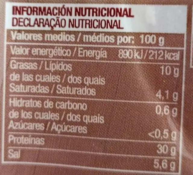 Paleta curada nutrition facts table