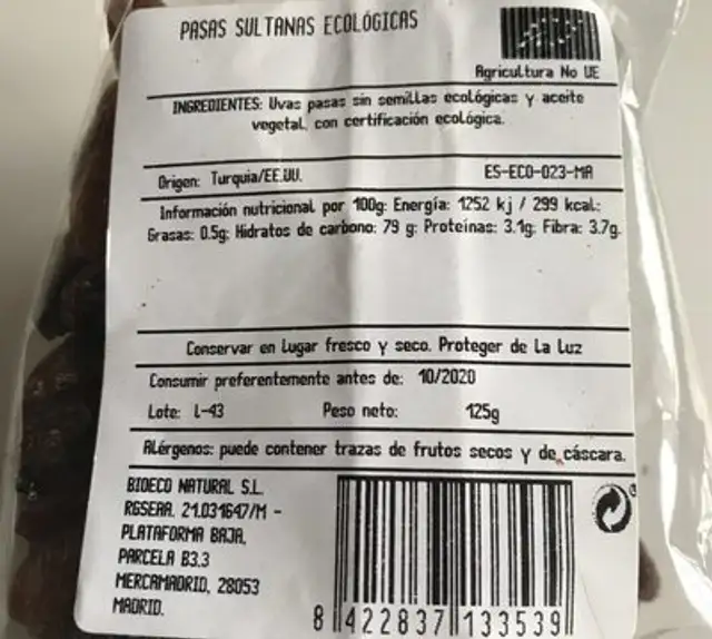 Uvas pasas nutrition facts table