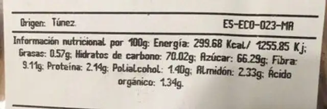 Datil nutrition facts table