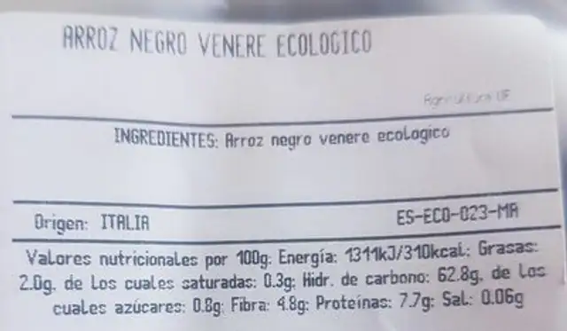 Arroz negro venere ecológico nutrition facts table