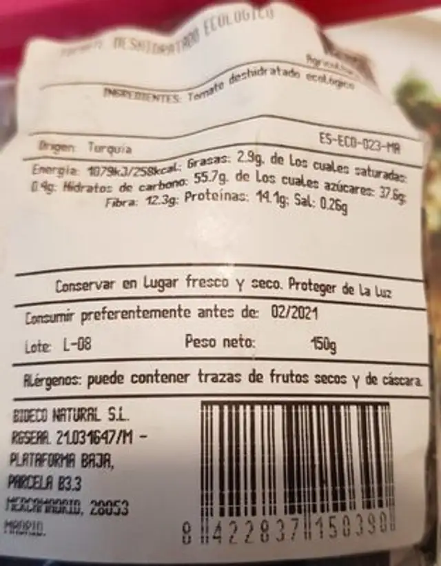 Tomate deshidratado ecológico