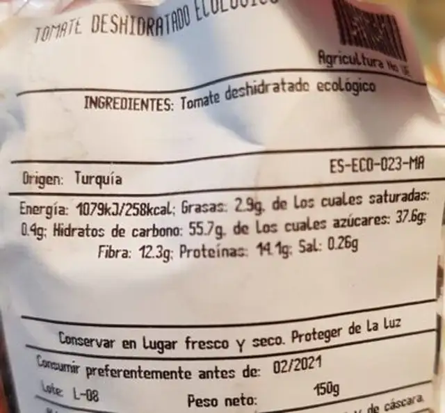 Tomate deshidratado ecológico nutrition facts table