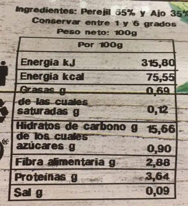 Picada ajo y perejil nutrition facts table