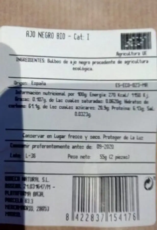 Ajo negro bio nutrition facts table