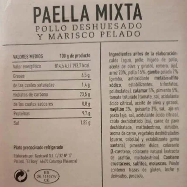 Paella mixta nutrition facts table