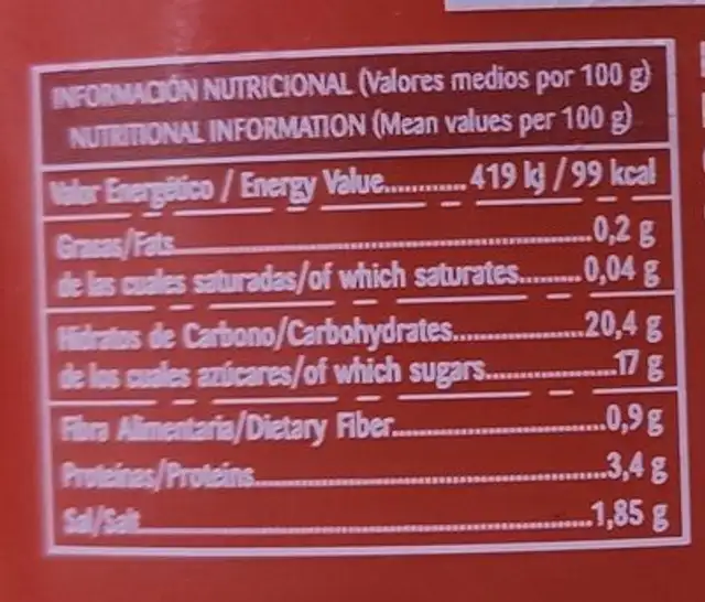Original ketchup nutrition facts table