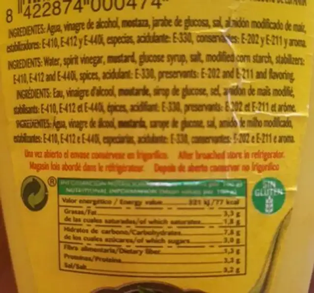 Mostaza Cosami nutrition facts table