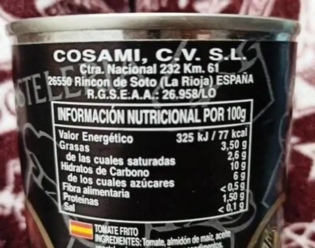 Tomate frito nutrition facts table