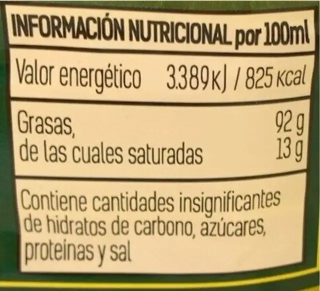 Aceite de oliva virgen extra El Gavellar nutrition facts table