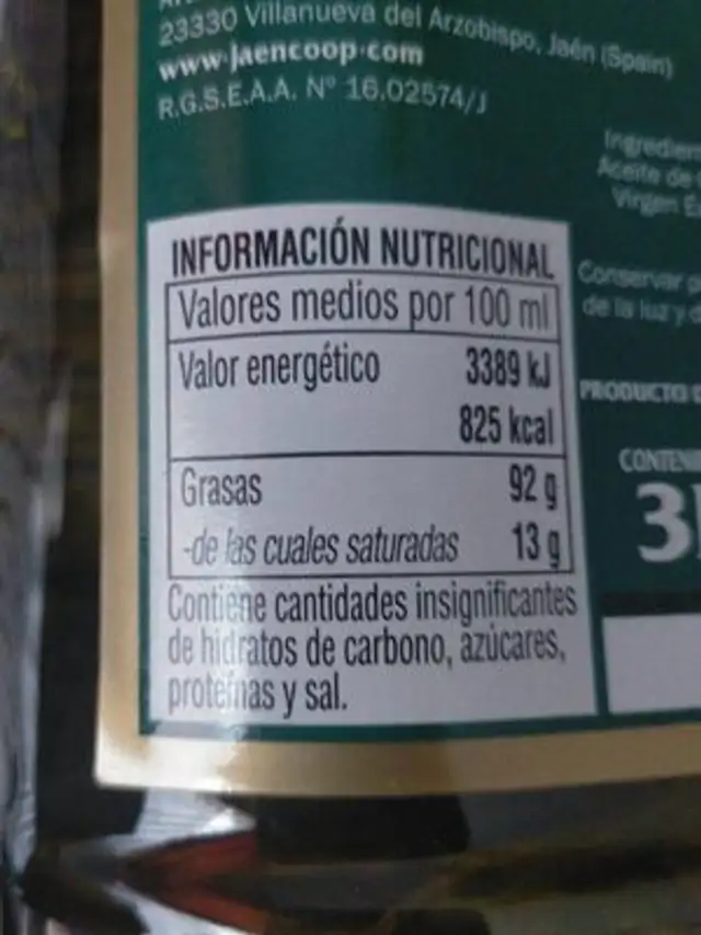 Aceite de oliva virgen extra Cazorliva nutrition facts table