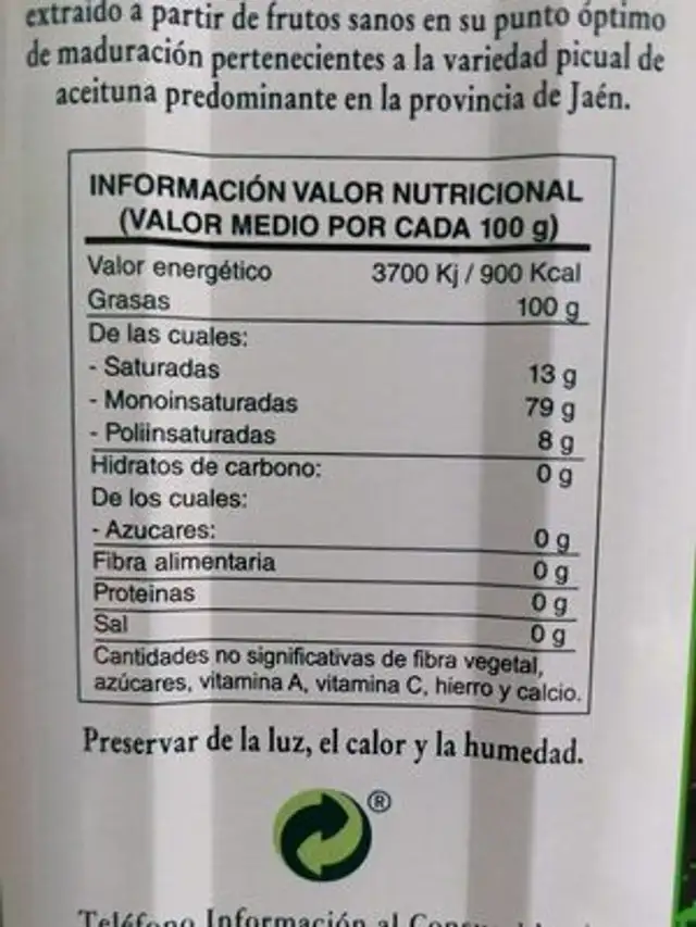 Aceite de oliva virgen Picual virgen nutrition facts table