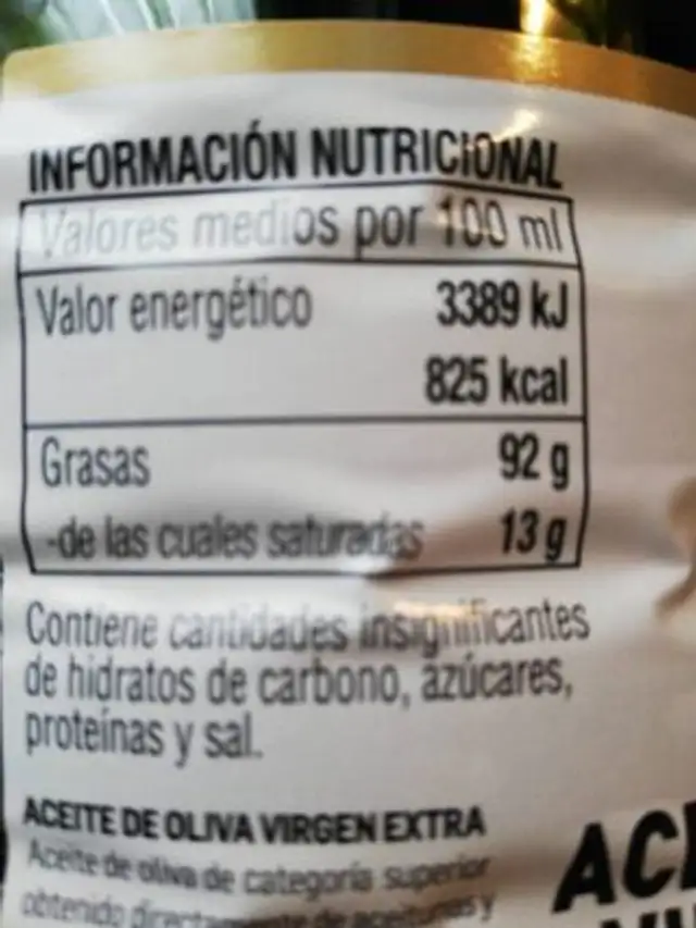 Aceite de oliva virgen extra nutrition facts table