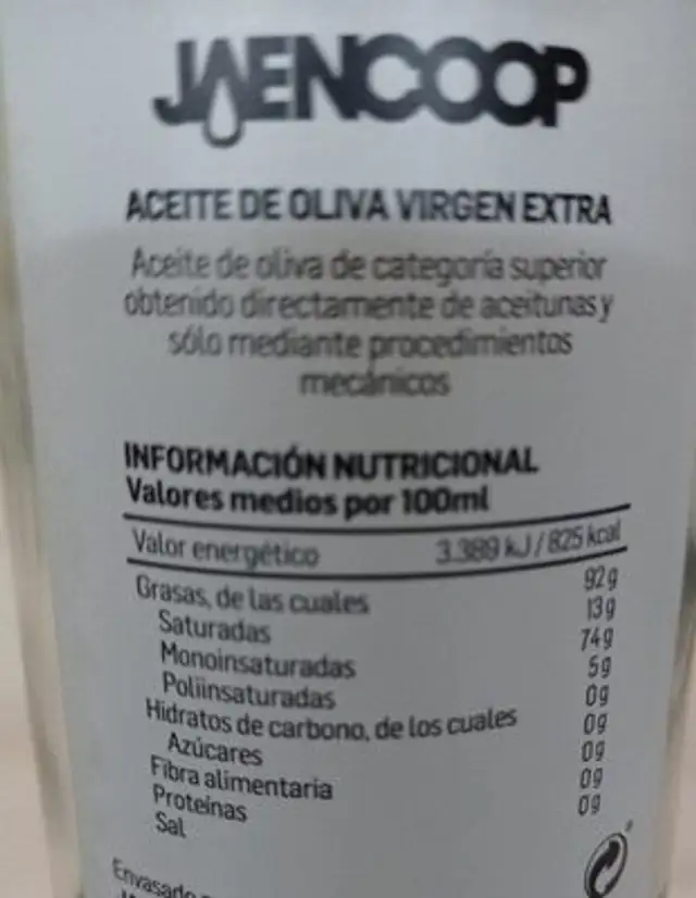 Aceite de oliva virgen extra primera cosecha ingredients label
