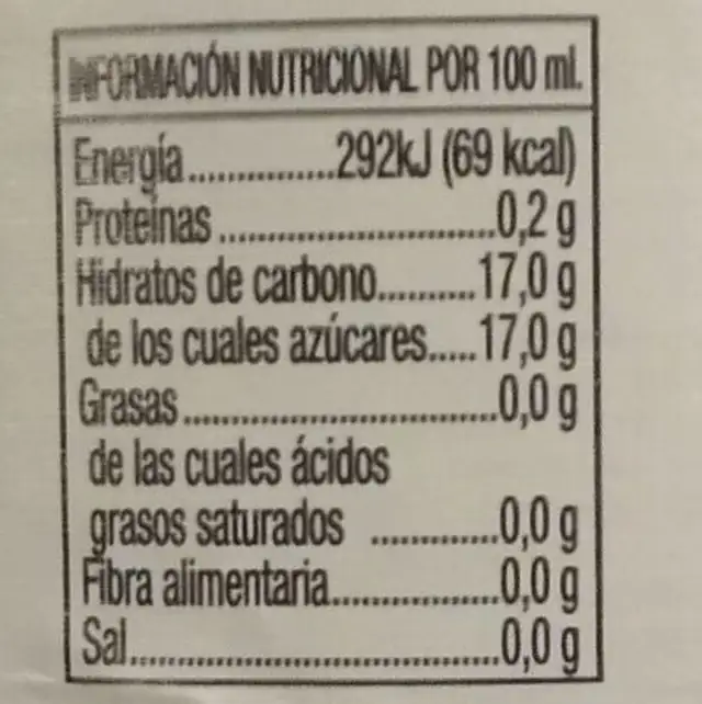 Mosto Tinto Ubis nutrition facts table