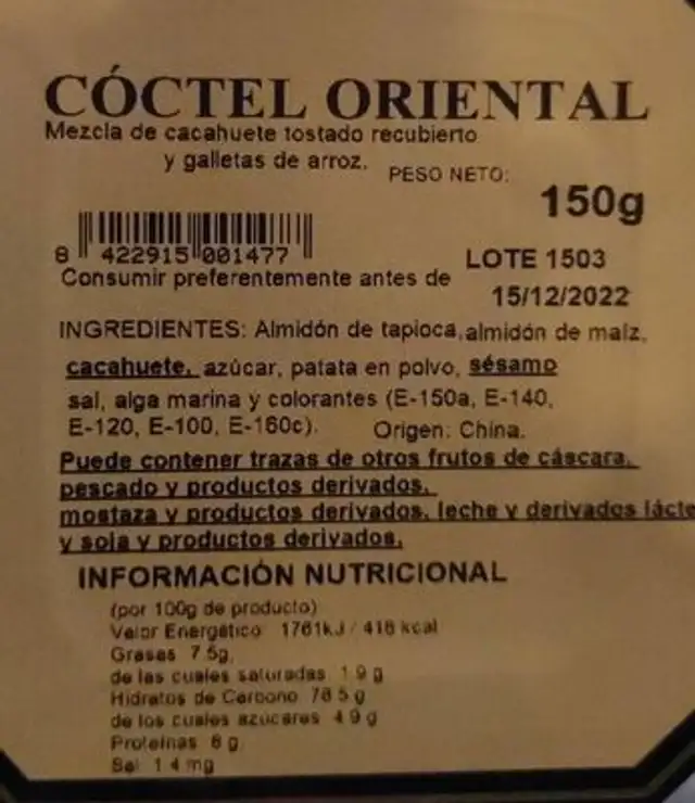 Cóctel oriental nutrition facts table