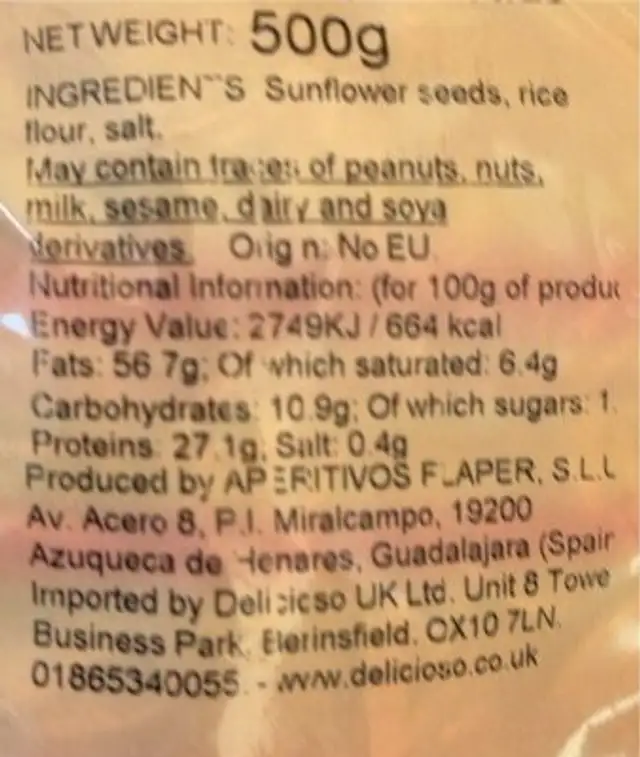 Roasted Salted Sunflower Seeds nutrition facts table