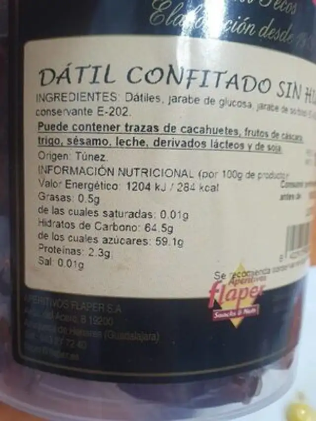 Datiles nutrition facts table
