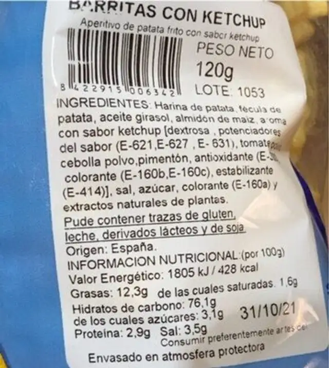 Snack nutrition facts table