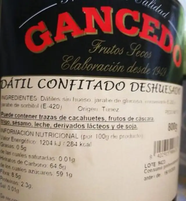 Datil confitado deshuesado nutrition facts table