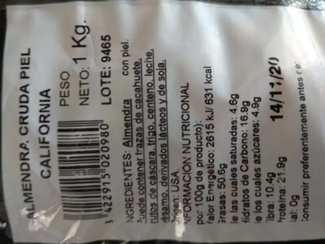 Almendras nutrition facts table