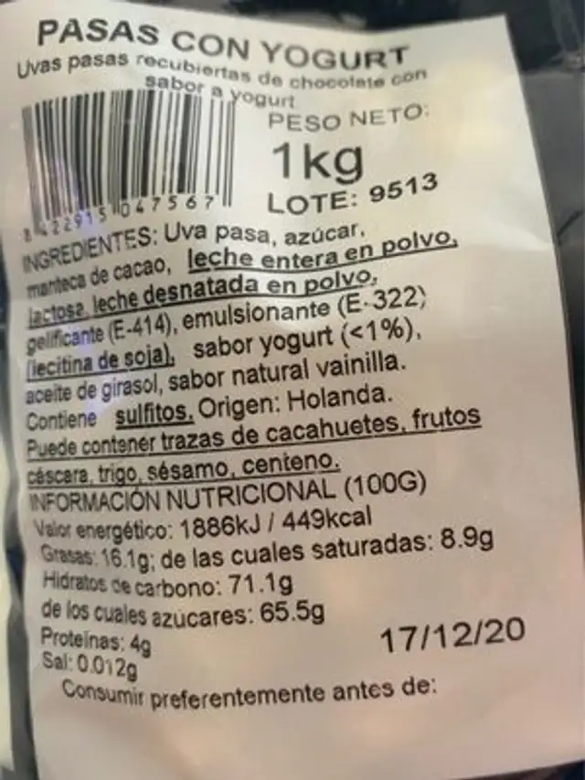 Pasas von yogurt nutrition facts table