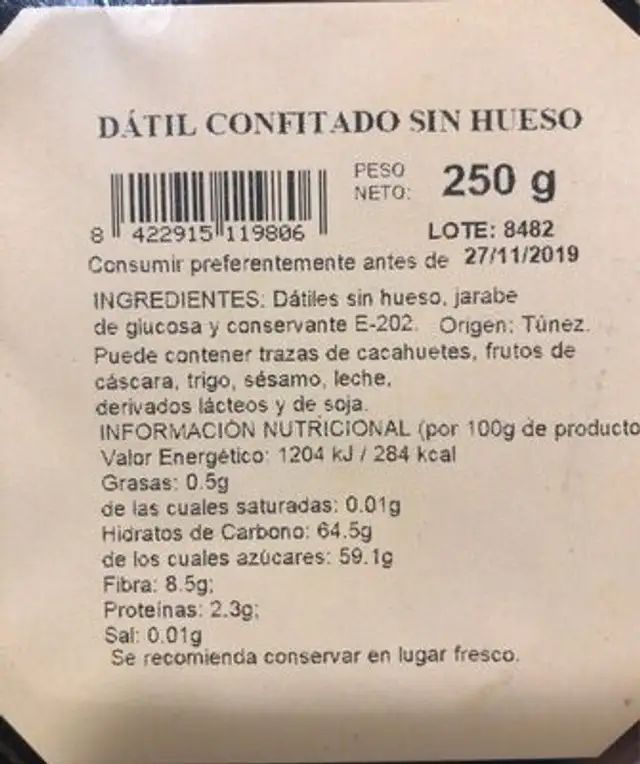 Datiles sin hieso nutrition facts table