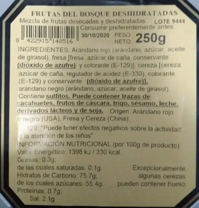 Frutas del bosque deshidratadas nutrition facts table