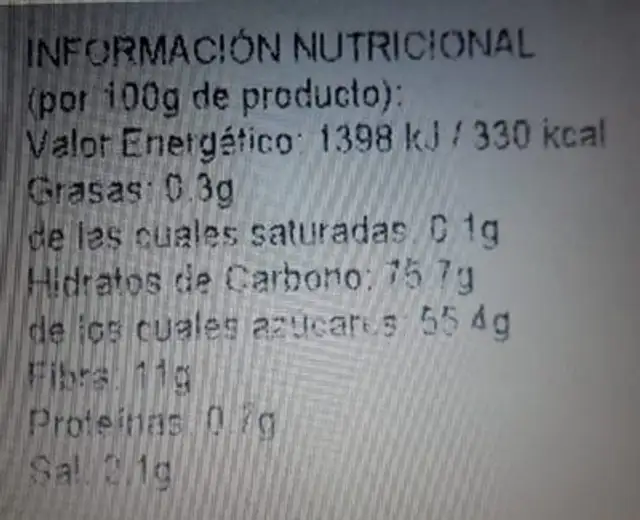 Frutas del bosque deshidratadas nutrition facts table