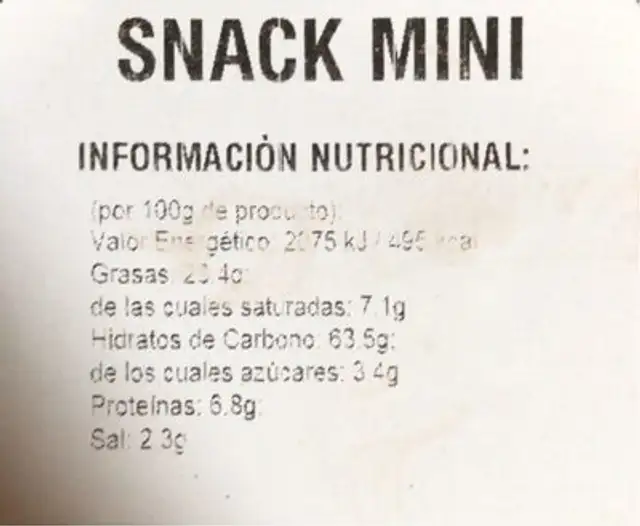 Snack Mini nutrition facts table