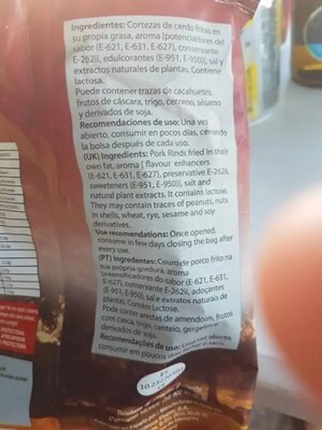 Cortezas ingredients label