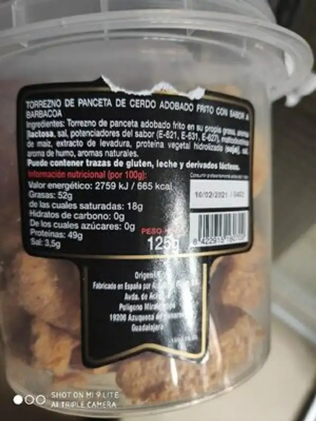 Torreznos ingredients label