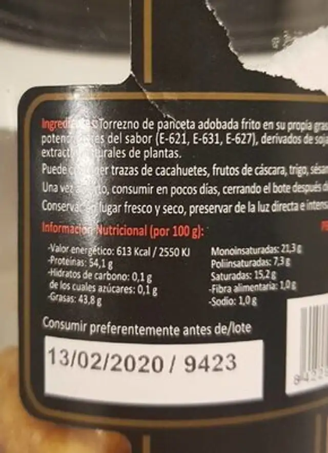 Torreznos nutrition facts table