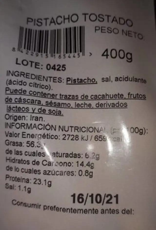 Pistacho nutrition facts table