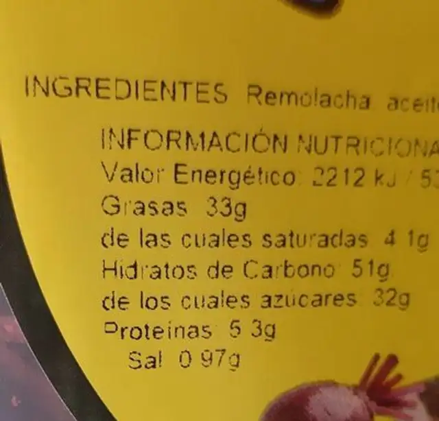 VegeChip Remolacha nutrition facts table