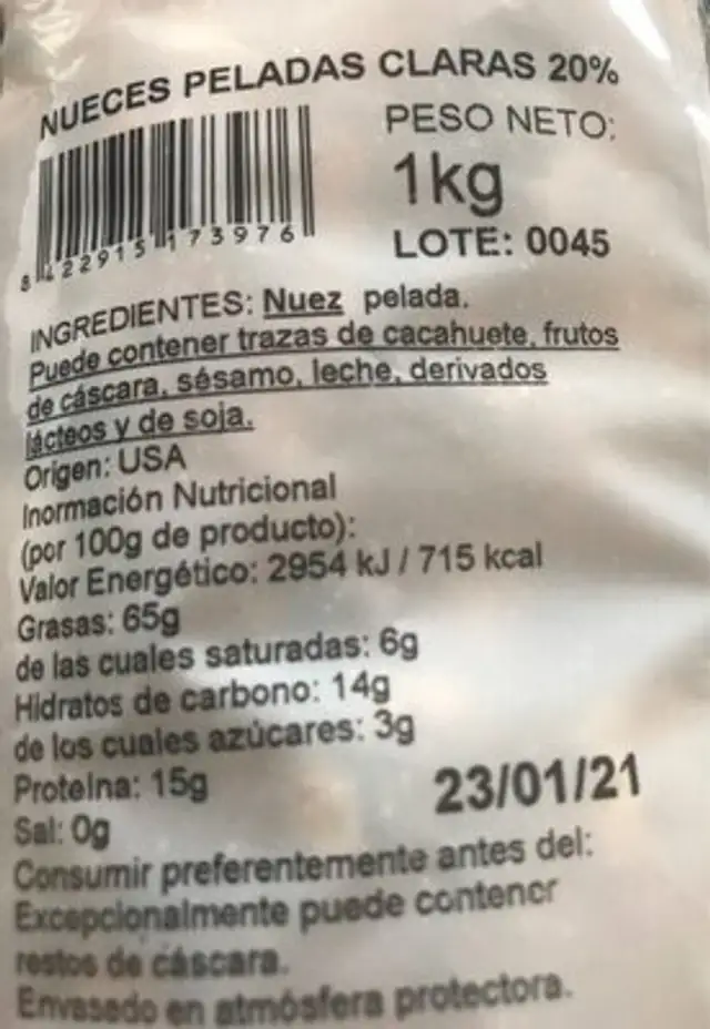Nueces peladas nutrition facts table