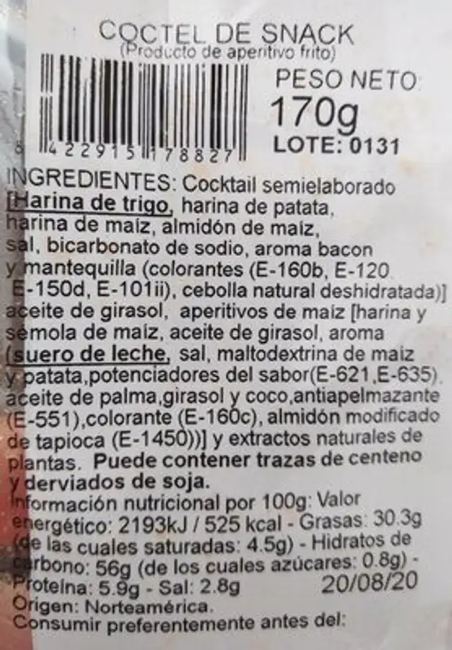 Snack nutrition facts table