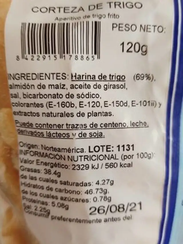 Snack nutrition facts table