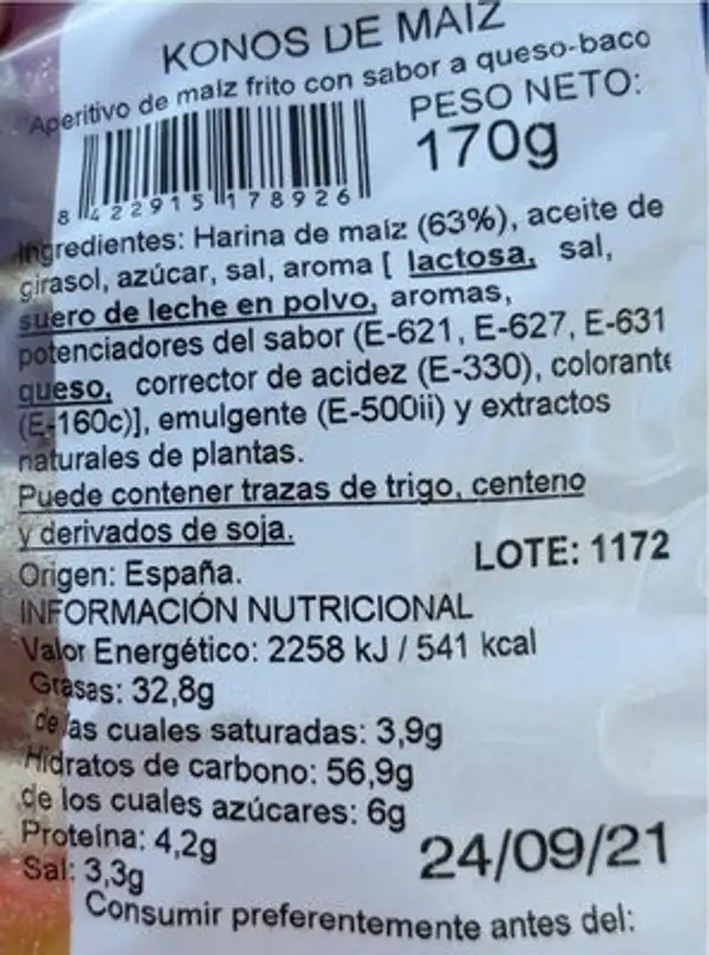 Snack nutrition facts table